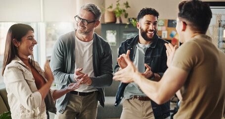 Wall Mural - Group of people, diversity and applause in meeting, celebration or workshop as success together. Teamwork, clapping and excited in office as community, staff or colleagues for collaboration or career