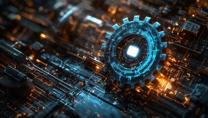 Poster - Futuristic Gear Mechanism with Glowing Circuits and a White Square in the Center