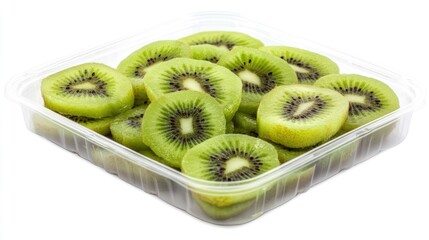 Poster - A clear container filled with sliced kiwi fruit, showcasing its vibrant green color and texture.