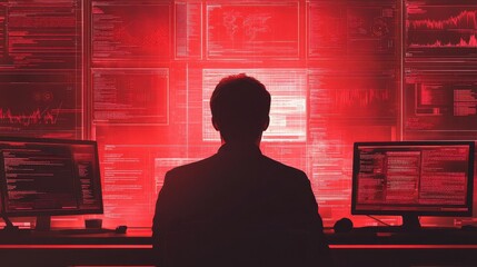 Poster - Silhouette of a Person Analyzing Data on Multiple Monitors in a Dark Room with Red Lighting, Emphasizing Technology, Cybersecurity, and Data Science Themes