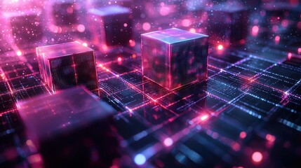 Aufkleber - Glowing Cubes on Abstract Circuit Board with Pink and Blue Lights