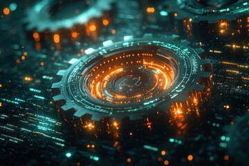 Poster - Glowing Cog Wheel on a Futuristic Circuit Board