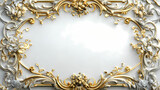 Gold frame with blank png center on a white wall - ornate renaissance baroque rococo style. Renaissance. Illustration