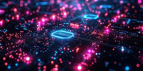 Poster - Illuminated Circuit Board with Glowing Blue and Pink Lights