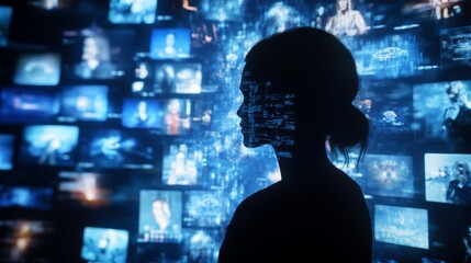 Poster - A woman's face is projected onto a wall of screens