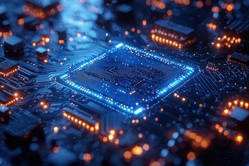 Poster - Glowing Blue Circuit Board with Orange Lights