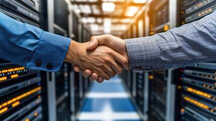 Poster - Two people shaking hands in a data center, symbolizing partnership and collaboration.
