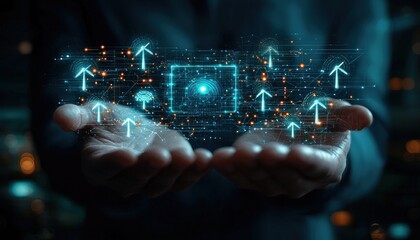 Poster - Hands Holding a Futuristic Digital Interface with Arrows and a Circuit Board Pattern