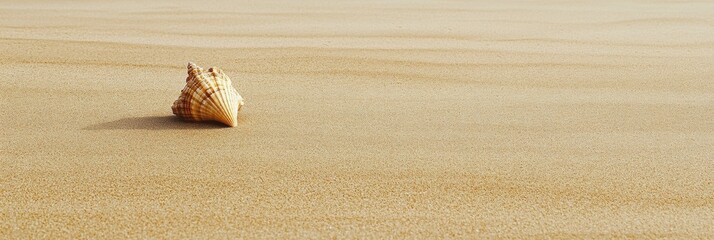 Poster - A solitary seashell lies on the golden sand of a tranquil beach, embodying the peacefulness of a perfect coastal day. Generative AI