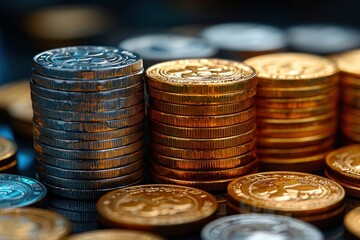 Aufkleber - Close-up of Stacked Silver and Gold Coins on a Reflective Surface