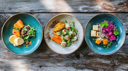 Poster - Three beautifully arranged plates showcase quinoa salads, tofu, and mixed vegetables at a trendy dining location during lunchtime. Generative AI