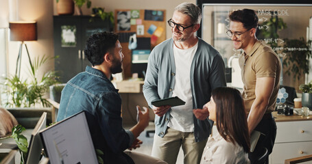 Aufkleber - Collaboration, group of people and tablet in web design with teamwork, brainstorming and planning. Diversity, discussion and technology for project management, employee engagement and problem solving
