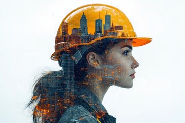Poster - A woman wearing a construction helmet with a cityscape superimposed on her face