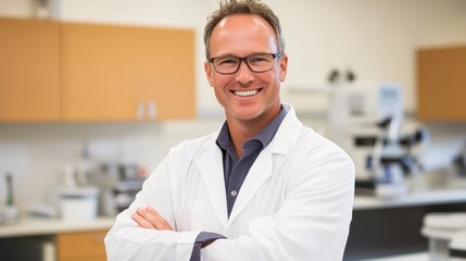 Poster - A smiling scientist in a lab coat, posing confidently in a laboratory setting.