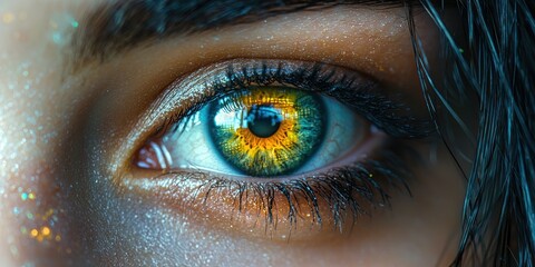 Poster - Close-up of a Blue and Yellow Eye with Glitter on Skin