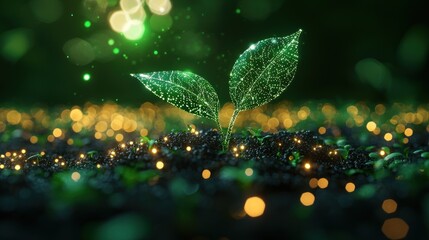 Leinwandbilder - A Glowing Green Plant Emerging From Dark Soil With Golden Lights
