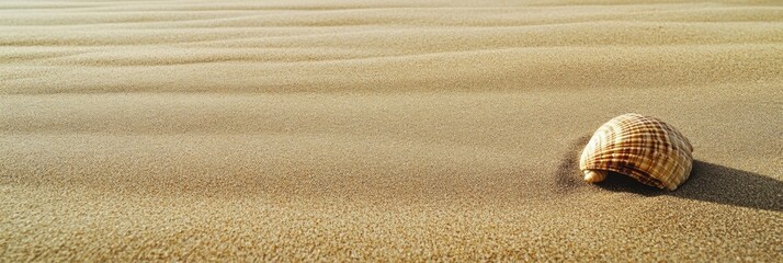 Poster - A single seashell is nestled in soft sand on a tranquil beach, illuminated by the warm glow of the sun, inviting peaceful moments. Generative AI