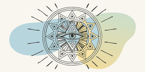 Poster - Mystical Insight In a circular mandala of interlocking triangles an eye emerges from the center its design echoing the intricate patterns around it. Light beams shoot outward from