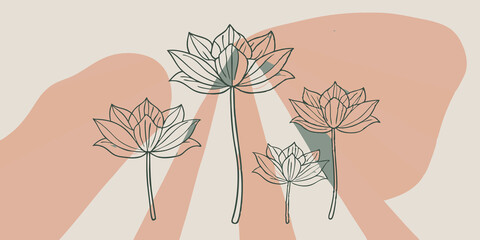 Poster - Mystical Harmony Lotus flowers with intricate patterns and iridescent petals navigate through a sea of swirling cosmic mist where beams of colorful light intersect creating a
