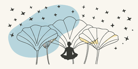 Poster - Nighttime Serenity A silhouette of a person is seated a large luminescent petals that gently pulse with light creating a serene ambiance under a starry night sky filled with ling