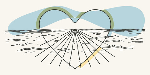 Poster - Oceanic Harmony Picture a serene beach at sunrise where gentle waves lap at the shore. Above the water floats a large heart shape made of pure light projecting beams that reflect