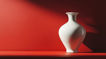 Poster - Elegant White Vase Against a Bold Red Background, Showcasing Modern Minimalism in Home Decor and Interior Design Aesthetic, Perfect for Stylish Interiors