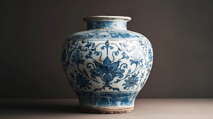 Poster - Elegant Ceramic Jar with Intricate Blue Floral Patterns on a Soft Background Reflecting a Blend of Art and Craftsmanship in Traditional Design