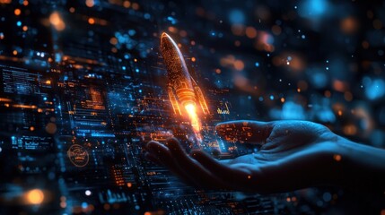 Aufkleber - Hand holding a glowing rocket ship over digital interface