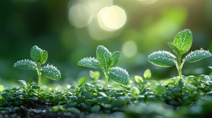 Poster - Three Dew-Covered Saplings Emerging from the Forest Floor