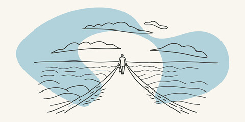 Poster - Serene Reflection A peaceful path winds through a tranquil lake with the figure walking along its edge. The sky reflects the bright light above creating a serene atmosphere as the