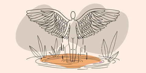 Poster - Serene Presence Standing on the edge of a tranquil pond the figures wings radiate a calming light that ripples across the waters surface. The serene glow illuminates the
