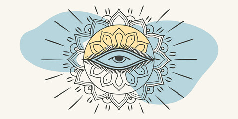 Poster - Serene Watcher A calm blue eye nestled within a mandala of spirals and paisleys with light beams emanating from it illuminating surrounding motifs that symbolize peace and
