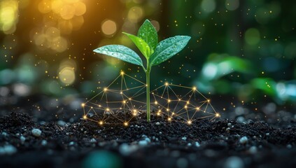 Fototapete - A Green Sprout Emerging From Soil with a Network of Golden Lights