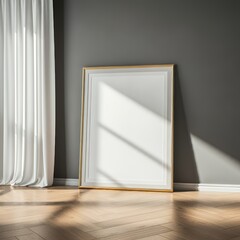 An empty poster frame stands against the grey colour wall on the wooden flooring, Interior mock-up template 3d illustration.