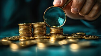 Aufkleber - A Hand Using a Magnifying Glass to Examine Stacks of Gold Coins