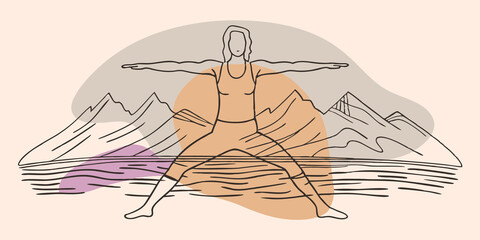 Aufkleber - Sunset Warrior A practitioner transitions into a warrior pose arms extended wide against the backdrop of a breathtaking sunset. The silhouette of the mountains rises in the