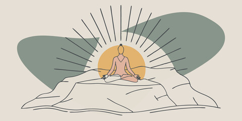 Aufkleber - Symbol of Light A figure sitting on a cliff edge backlit by the rising sun with rays stretching out like fingers across the sky symbolizing inner strength and spiritual awakening.