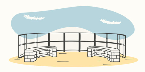 Poster - Sunrise Shrine A circular foundation with stone benches framing an open view of the horizon. As dawn breaks warm hues of orange and pink light up the sky inviting quiet