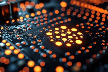 Leinwandbilder - Close-up of a Circuit Board with Glowing Orange Circles