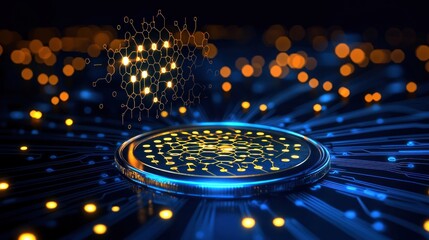 Poster - A Cryptocurrency Coin with Glowing Hexagon Network on a Circuit Board