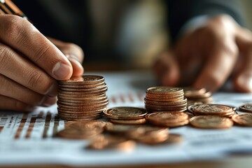 Aufkleber - Close-up of Hand Stacking Coins on Financial Documents