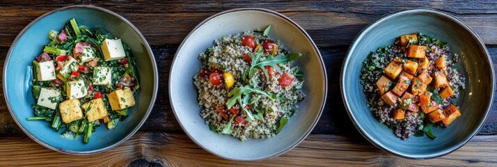 Aufkleber - Three colorful plates showcase healthy plant-based meals including quinoa salads, tofu, and assorted fresh vegetables for a nutritious lunch. Generative AI