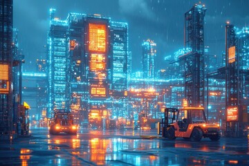 Poster - Cyberpunk Cityscape with Forklifts and Rain