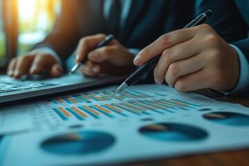 Leinwandbilder - Close-up of a Hand Analyzing Financial Data with a Pen