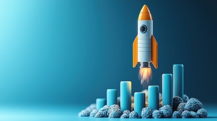 Poster - Rocket Launching Over Blue Bar Graph and Crumpled Paper