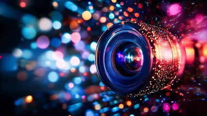 Poster - Abstract video camera lens with colorful lights. Concept of digital media production in cinema and television.