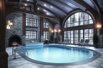 Poster - Indoor pool area with large windows, stone accents, and a cozy fireplace.