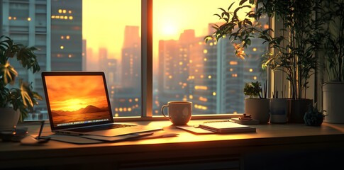 Poster - A cozy workspace with a laptop and a coffee cup, overlooking a sunset cityscape.