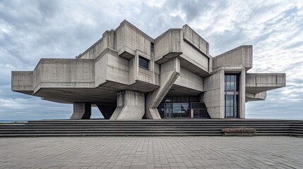 Poster - Modern Architectural Marvel Featuring Unique Geometric Shapes and Bold Concrete Elements Against a Cloudy Sky, Showcasing Innovative Design and Urban Aesthetics
