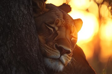 Aufkleber - A lioness resting peacefully against a tree at sunset, showcasing serene beauty in nature.